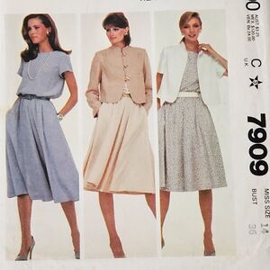 Vintage 80s McCalls Pattern 7909 Elastic Waist Dress Jacket Sz 14 Uncut
